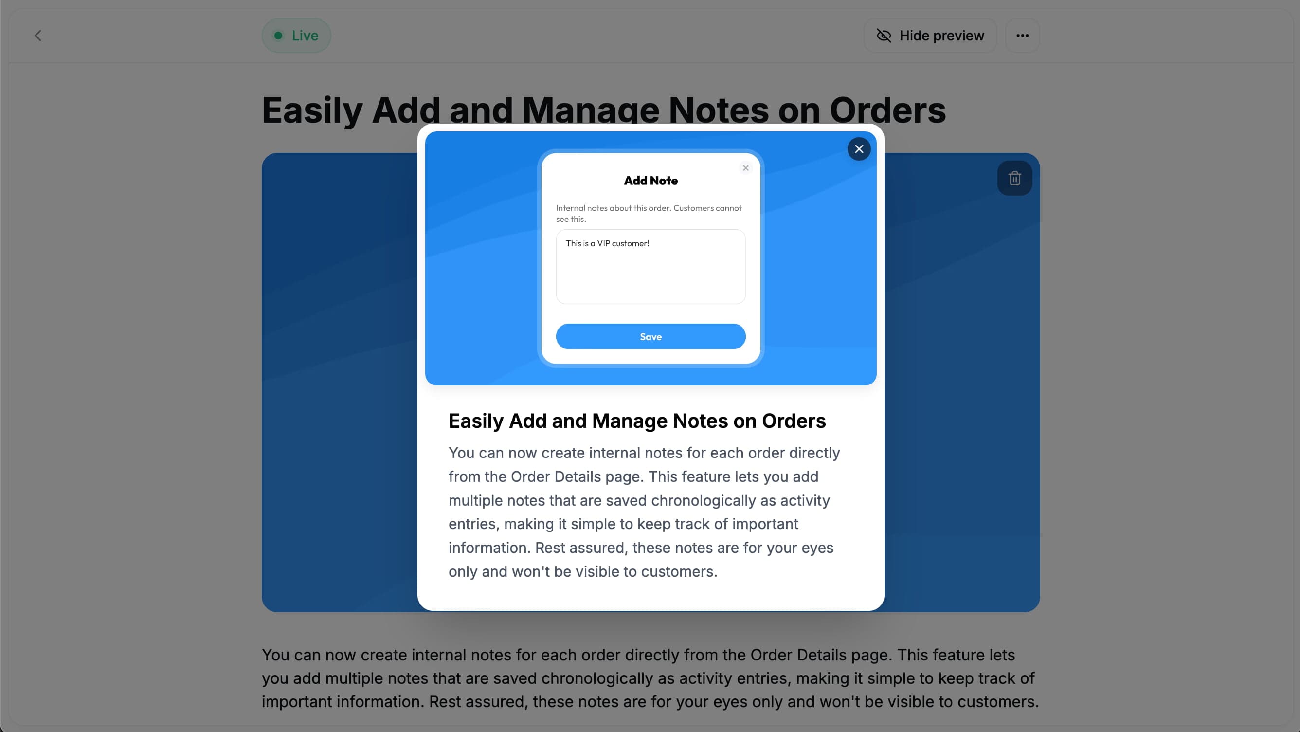 In-app announcement modal displaying a product update with title, description, and image preview